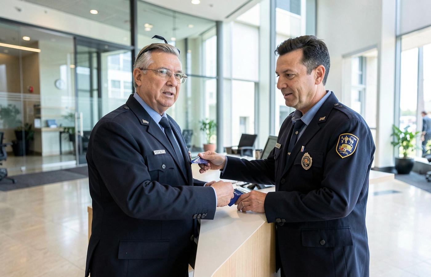 Agent de sécurité contrôlant un badge visiteur à un poste d'accueil d'immeuble tertiaire
