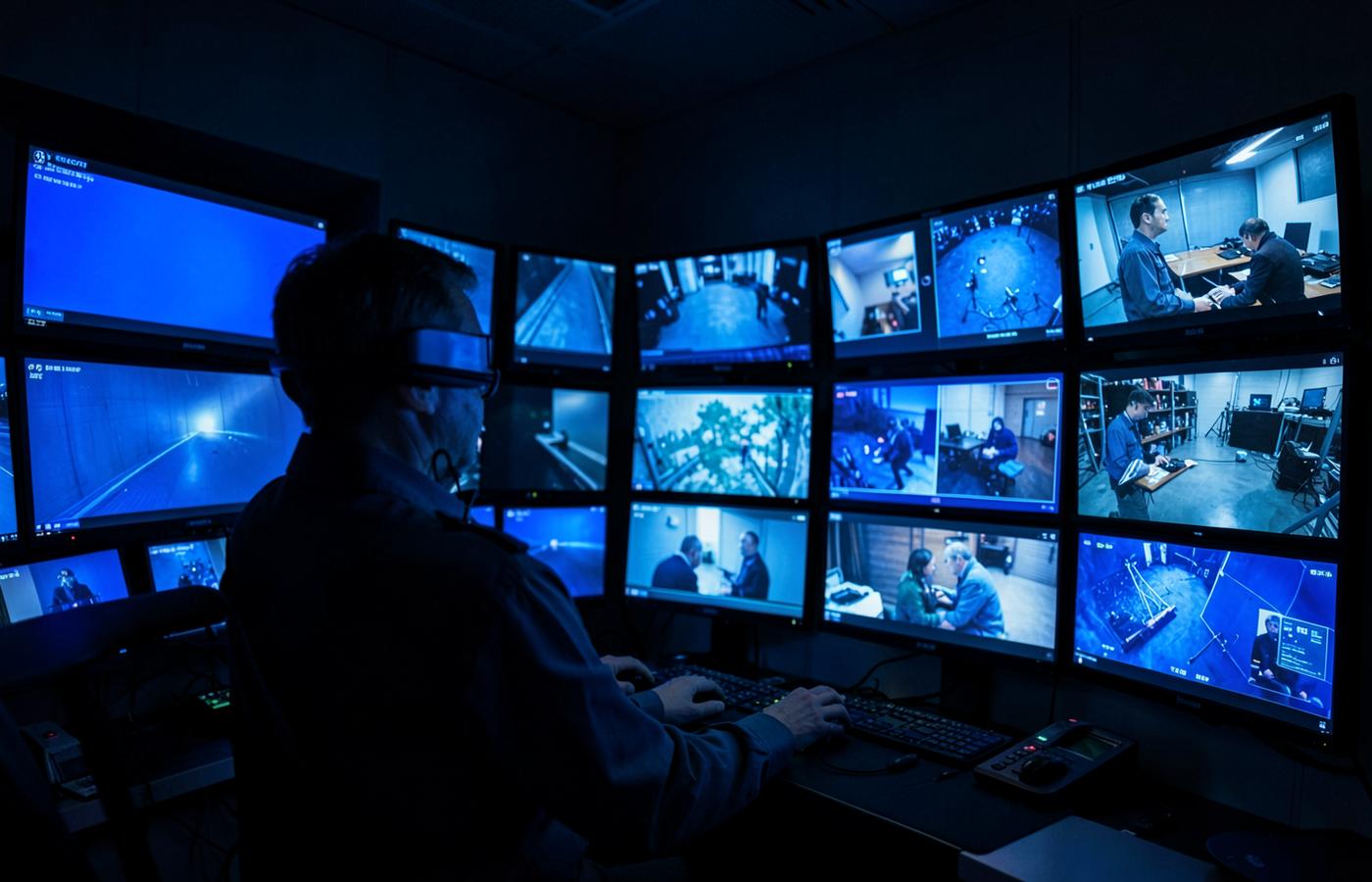 Opérateur vidéo surveillant un mur d'écrans de vidéoprotection dans un poste de contrôle