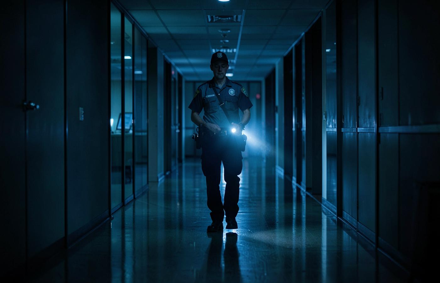 Agent de sécurité effectuant une ronde de nuit avec une lampe dans un couloir de bâtiment tertiaire