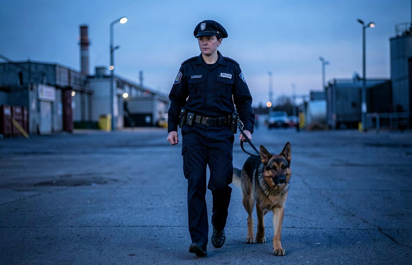 Maître-chien en uniforme de sécurité effectuant une ronde avec un berger allemand sur un site industriel