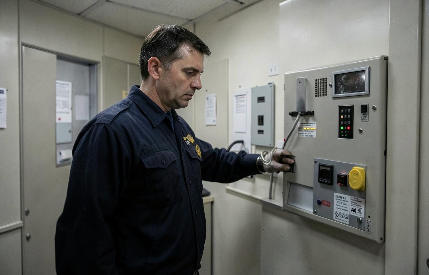 Agent de sécurité incendie contrôlant un tableau de signalisation dans un PC sécurité