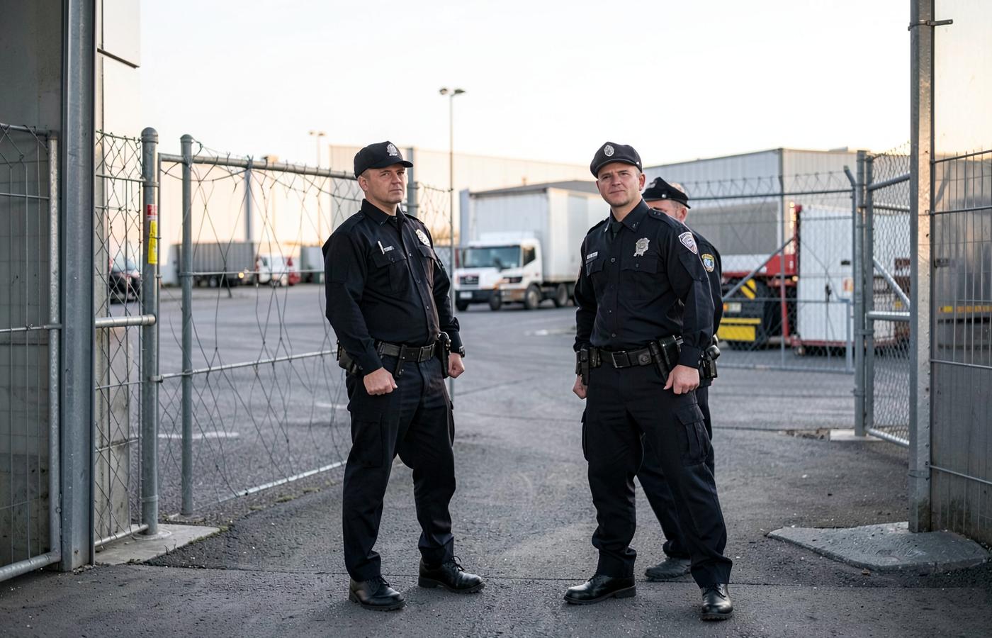 Deux agents de sécurité en uniforme assurant le gardiennage de l'entrée d'un site logistique
